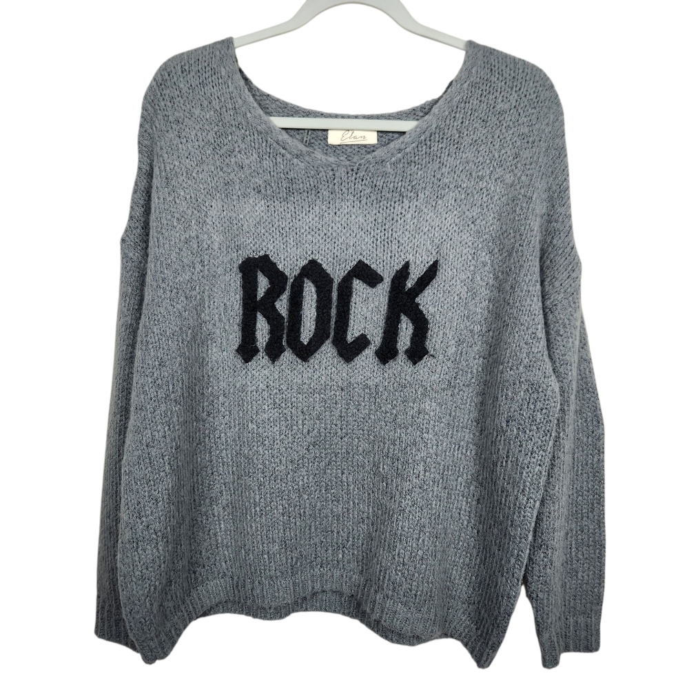 Elan Rock Script Ribbed Knit Sweater Grey Black Letters SW10469 Womens Size M
